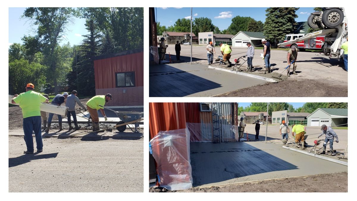 three images of construction workers working on building