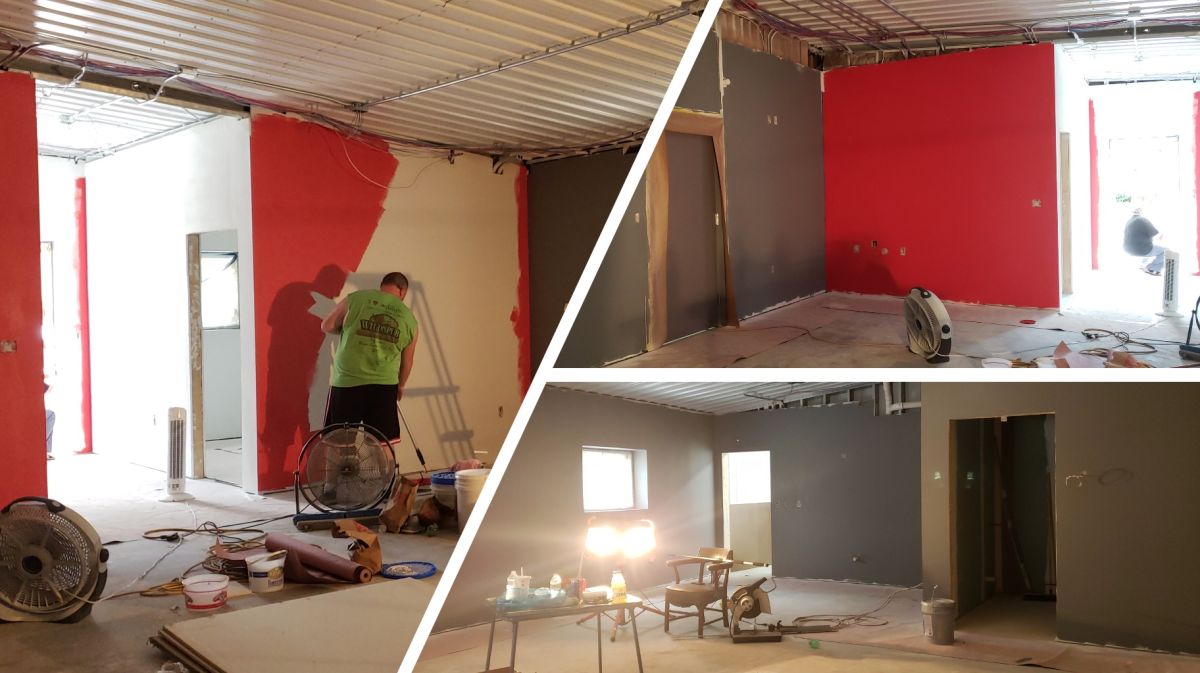 three images of workers painting inside of building